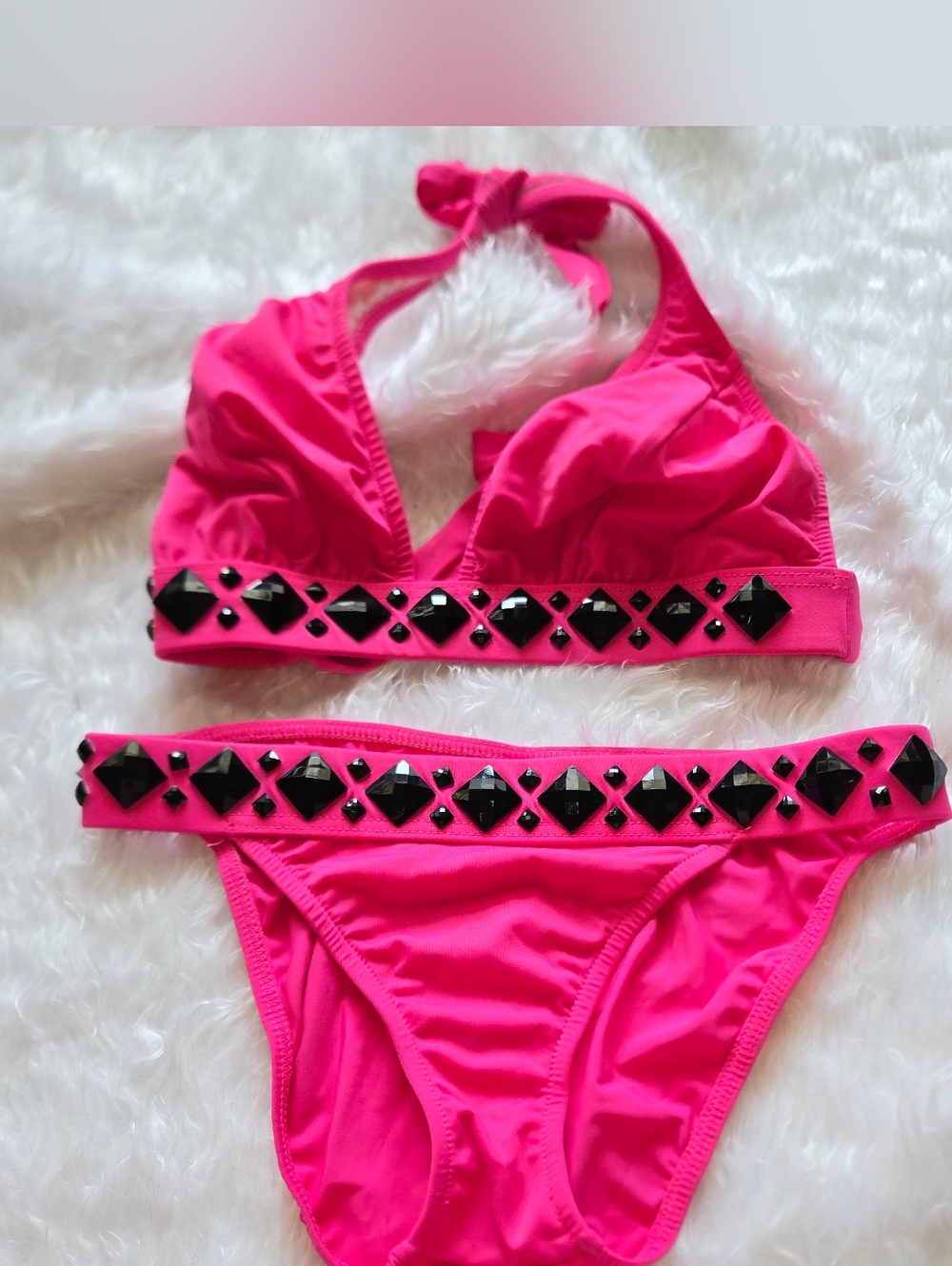 Venus Womens Halter Top Bright Pink Bikini With Black Geometric Shape Stones